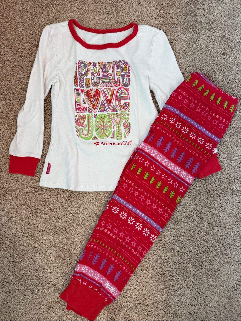 American Girl White Top with Red Trim & Red Holiday Tree Print Pajama Set